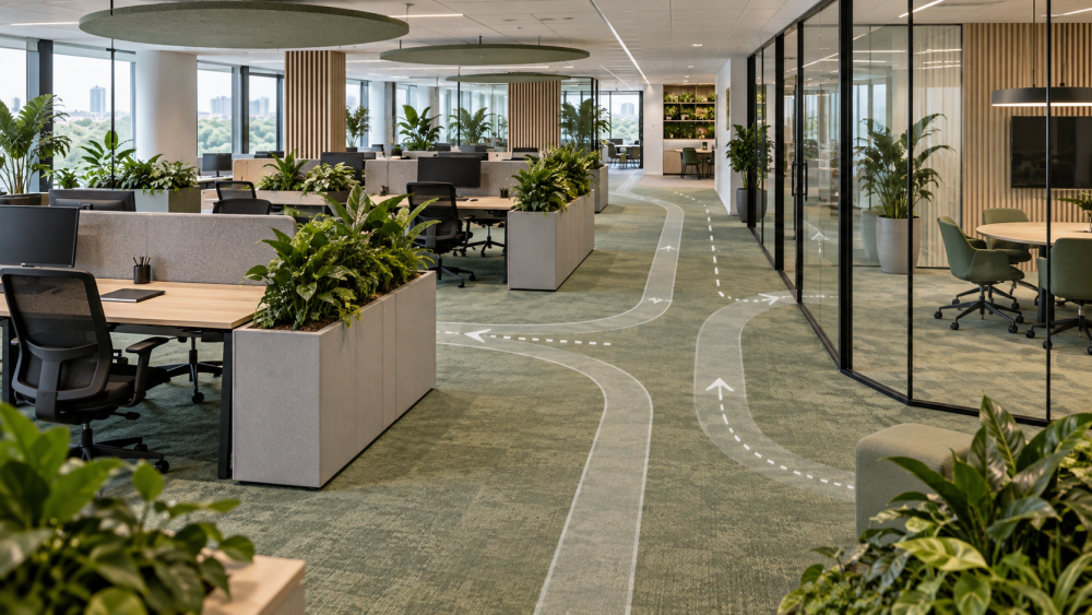 Kantoorindeling met verschillende zones en duidelijke looproutes